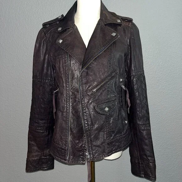 Y - INN GENUINE LEATHER CHOCOLATE BROWN LEATHER MOTO JACKET - STUDDED - EU 48 - Picture 1 of 14